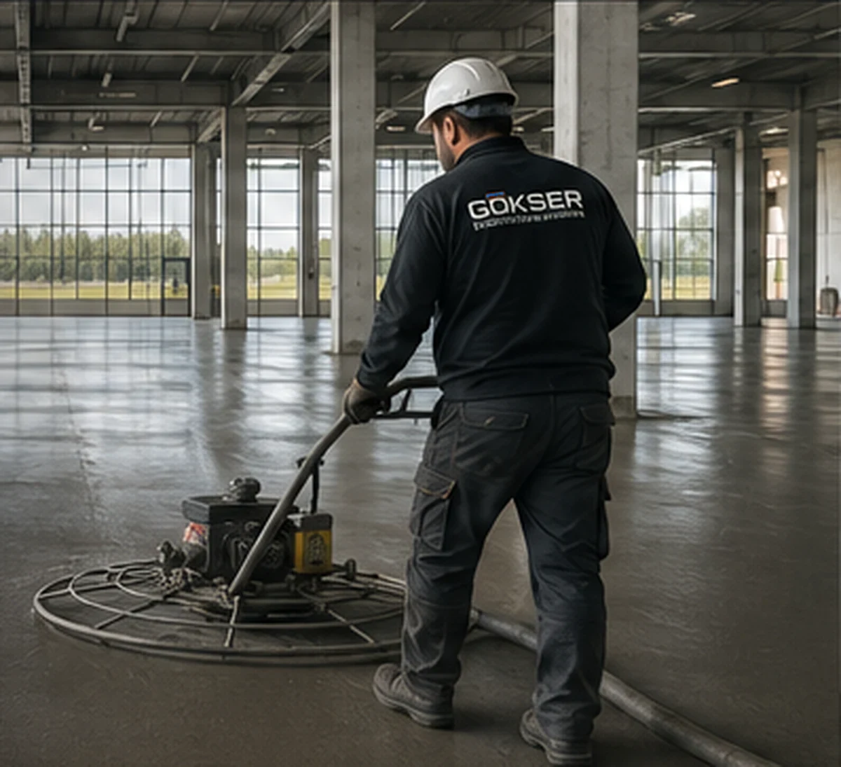 Facharbeiter bei der Bearbeitung einer großflächigen Industriebodenfläche